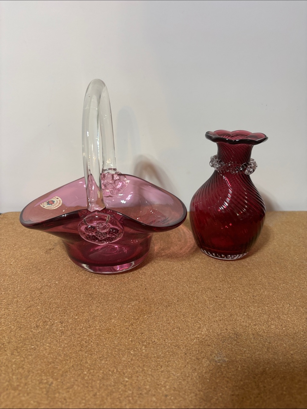Pink Art Glass Basket with Clear Handle 8” Vase 4.5”